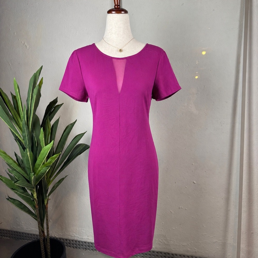 Splendid Sheath Midi Dress Womens XS Magenta Mesh Inset Silk Contrast Barbiecore
